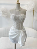 Niulatu White Mermaid Sweetheart Satin Beads Short Homecoming Dress 21th Birthday Outfits HZ1110