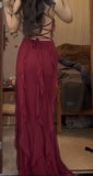 Niulatu Mermaid Halter Burgundy Satin Chiffon Ruffles Backless Long Prom Dresses Formal Dress HZ1110