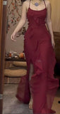 Niulatu Mermaid Halter Burgundy Satin Chiffon Ruffles Backless Long Prom Dresses Formal Dress HZ1110