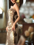 Niulatu Mermaid Strapless Sequin Gold Prom Dresses HZ1110