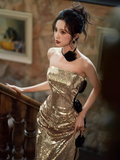 Niulatu Mermaid Strapless Sequin Gold Prom Dresses HZ1110