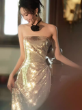 Niulatu Mermaid Strapless Sequin Gold Prom Dresses HZ1110