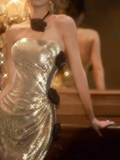 Niulatu Mermaid Strapless Sequin Gold Prom Dresses HZ1110
