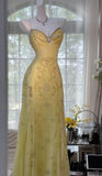 Niulatu Mermaid Sapghetti Straps Yellow Satin Chiffon Beads Long Prom Dresses Formal Dress HZ1110