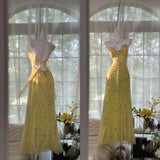 Niulatu Mermaid Sapghetti Straps Yellow Satin Chiffon Beads Long Prom Dresses Formal Dress HZ1110