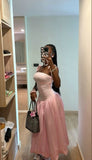 Niulatu Pink A Line Spaghetti Straps Satin Long Prom Dresses Formal Dress HZ1110