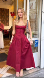 Niulatu A Line Spaghetti Straps Burgundy Satin Long Prom Dresses Formal Dress HZ1110
