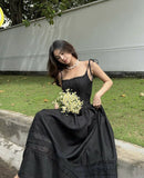 Niulatu A Line Spaghetti Straps Black Satin Long Prom Dresses Formal Dress HZ1110