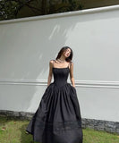 Niulatu A Line Spaghetti Straps Black Satin Long Prom Dresses Formal Dress HZ1110