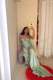 Niulatu Mermaid Strapless Satin Pleated Beads Slit Long Prom Dresses Formal Dress HZ1110