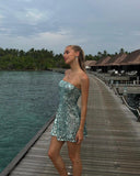 Niulatu A Line Strapless Sequin Short Homecoming Dress 21th Birthday Outfits HZ1110