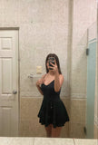 Niulatu A Line Spaghetti Straps Black Satin Short Homecoming Dress 18th Birthday Outfits HZ1110