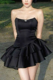 Niulatu A Line Strapless Black Satin Tiered Short Homecoming Dress 17th Birthday Outfits HZ1110