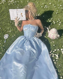 Niulatu A Line Strapless Pale Blue Satin Lace Long Prom Dresses Formal Dress HZ1110