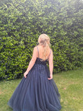 Niulatu A Line Spaghetti Straps Navy Blue Tulle Sequin Long Prom Dresses Formal Dress HZ1110