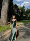 Niulatu Mermaid Strapless Satin Slit Long Prom Dresses Formal Dress HZ1110