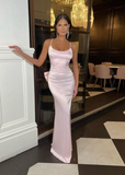 Niulatu Mermaid Spaghetti Straps Pink Satin Backless With Bow Long Prom Dresses Formal Dress HZ1110