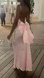 Niulatu Mermaid Spaghetti Straps Pink Satin Backless With Bow Long Prom Dresses Formal Dress HZ1110
