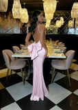 Niulatu Mermaid Spaghetti Straps Pink Satin Backless With Bow Long Prom Dresses Formal Dress HZ1110