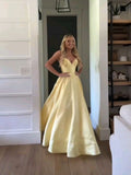 Niulatu A Line Spaghetti Straps Pastel Yellow Satin Long Prom Dresses Formal Dress HZ1110