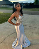 Niulatu Mermaid Spaghetti Straps Satin Lace Sequin Long Prom Dresses Formal Dress HZ1110