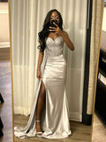 Niulatu Mermaid Sweetheart Satin Sequin Slit Long Prom Dresses Formal Dress HZ1110
