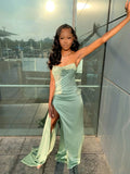Niulatu Mermaid Strapless Sage Satin Pleated Slit Long Prom Dresses Formal Dress HZ1110