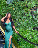 Niulatu Mermaid Strapless Dark Green Satin Sequin Slit Long Prom Dresses Formal Dress HZ1110