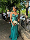 Niulatu Mermaid Halter Dark Green Satin Beaded Long Prom Dresses Formal Dress HZ1110