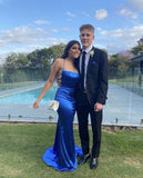Niulatu Sheath Mermaid Halter Royal Blue Satin Long Prom Dresses Formal Dress HZ1110