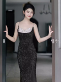 Niulatu Mermaid Straps Sequin Black Prom Dresses HZ1110