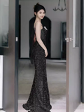 Niulatu Mermaid Straps Sequin Black Prom Dresses HZ1110