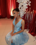 Niulatu A Line V Neck Satin Slit Long Prom Dresses Formal Dress HZ1110