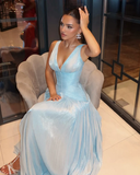 Niulatu A Line V Neck Satin Slit Long Prom Dresses Formal Dress HZ1110