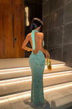 Niulatu Mermaid Halter Satin Sequin Backless Long Prom Dresses Formal Dress HZ1110