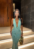 Niulatu Mermaid Halter Satin Sequin Backless Long Prom Dresses Formal Dress HZ1110