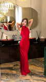 Niulatu Mermaid Halter Red Satin Long Prom Dresses Formal Dress HZ1110