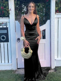 Niulatu Mermaid Spaghetti Straps Black Satin Long Prom Dresses Formal Dress HZ1110