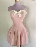 Niulatu 16th Pink A Line Strapless Satin Lace With Bow Short Homecoming Dress Birthday Outfits HZ1110
