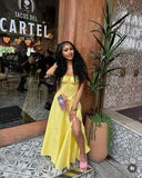 Niulatu A Line Spaghetti Straps Yellow Satin Slit Long Prom Dresses Formal Dress HZ1110