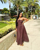 Niulatu A Line Halter Brown Satin With Flower Long Prom Dresses Formal Dress HZ1110