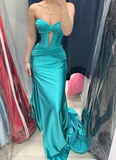 Niulatu Mermaid Sweetheart Satin Pleated Slit Long Prom Dresses Formal Dress HZ1110