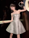 Niulatu A line Strapless Gray Satin Homecoming Dress 19th Birthday Outfits HZ1110