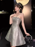 Niulatu A line Strapless Gray Satin Homecoming Dress 19th Birthday Outfits HZ1110