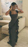 Niulatu Mermaid Spaghetti Straps Black Satin Ruffles Chiffon Long Prom Dresses Formal Dress HZ1110