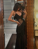 Niulatu A Line Spaghetti Straps Black Ruffles Chiffon Lace Long Prom Dresses Formal Dress HZ1110