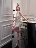Niulatu A line High Neckline Sequin White Homecoming Dress 19th Birthday Outfits HZ1110