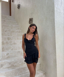 Niulatu Mermaid Spaghetti Straps Black Chiffon Ruffles Short Homecoming Dress 19th Birthday Outfits HZ1110