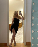 Niulatu Mermaid One Shoulder Black Satin Slit Short Homecoming Dress 20th Birthday Outfits HZ1110