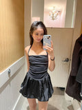 Niulatu Black A Line Halter Satin Short Homecoming Dress 17th Birthday Outfits HZ1110